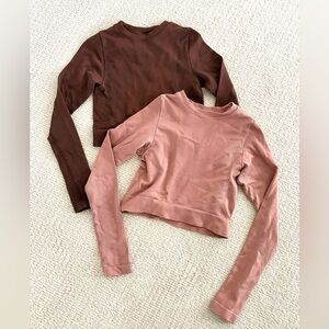 Pair of All In Motion XS Long Sleeve Cropped Activewear Tops Pink Brown